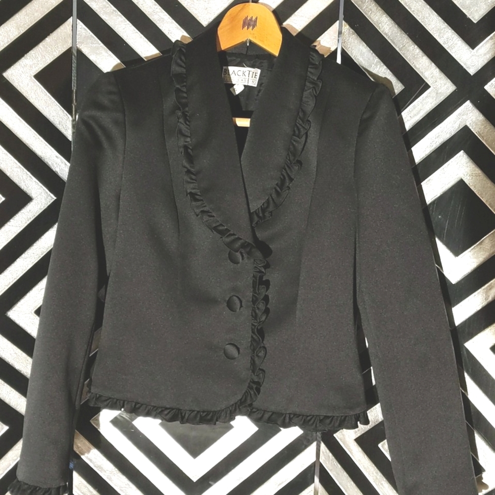 Oleg Casinni Black Tie Black Frilly Satin Jacket